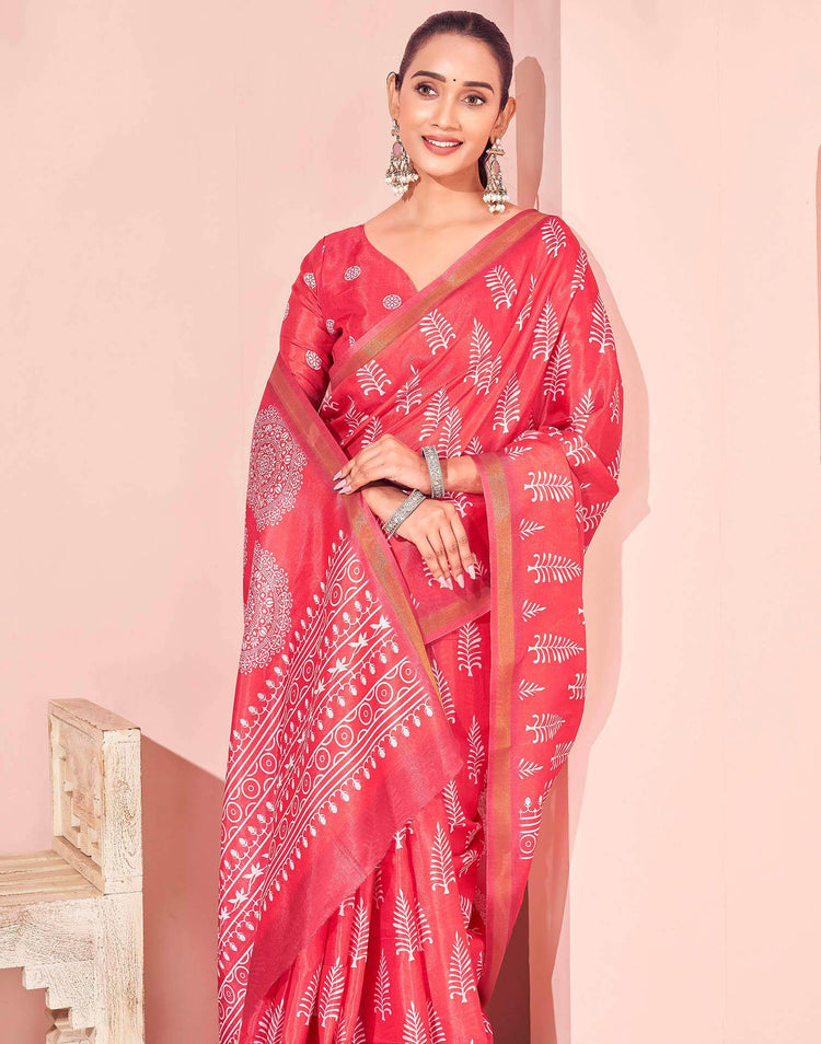 Coral Pink Silk Printed Saree