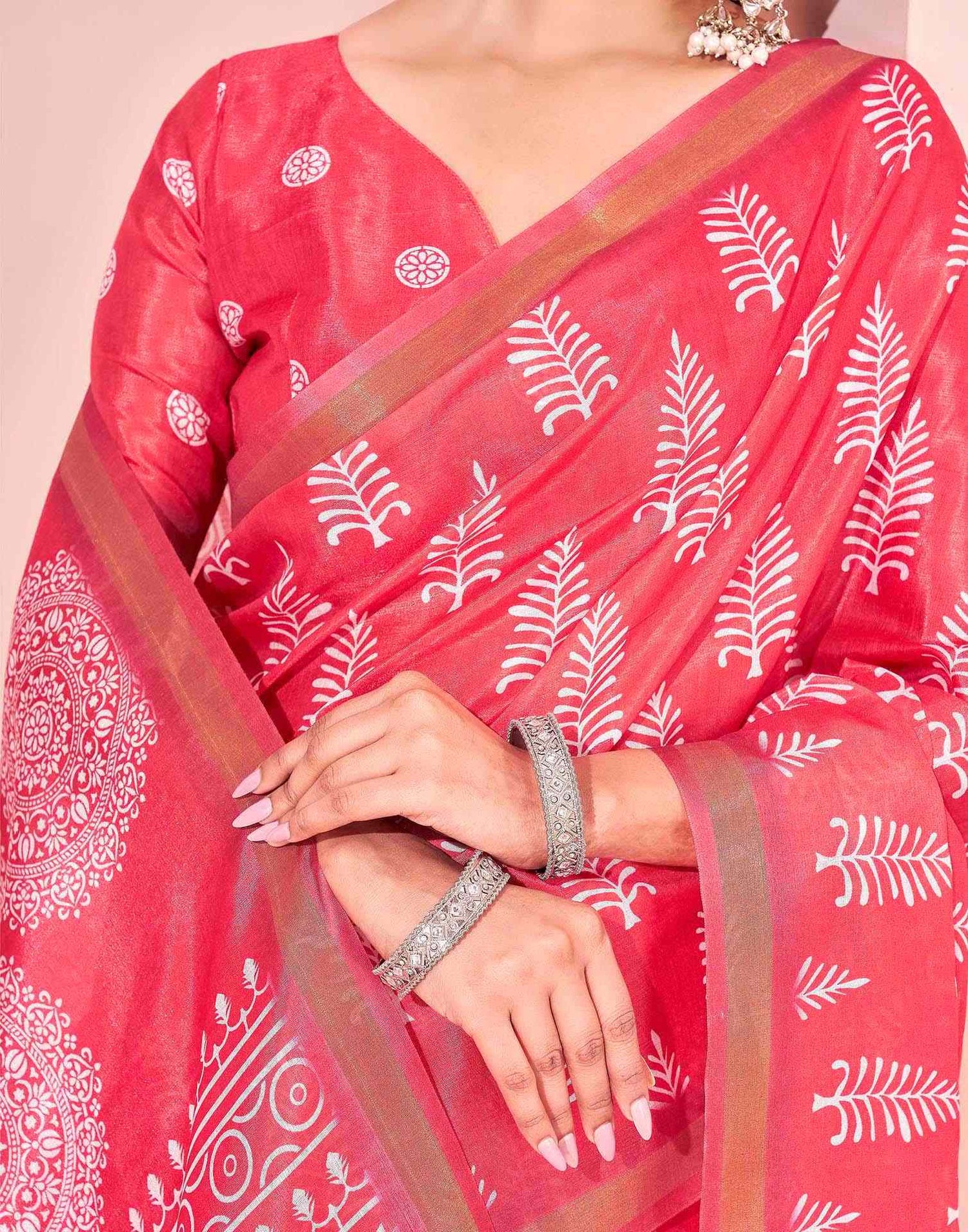Coral Pink Silk Printed Saree