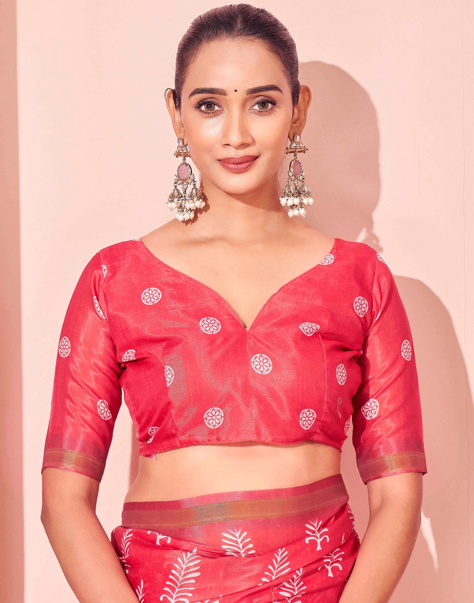 Coral Pink Silk Printed Saree