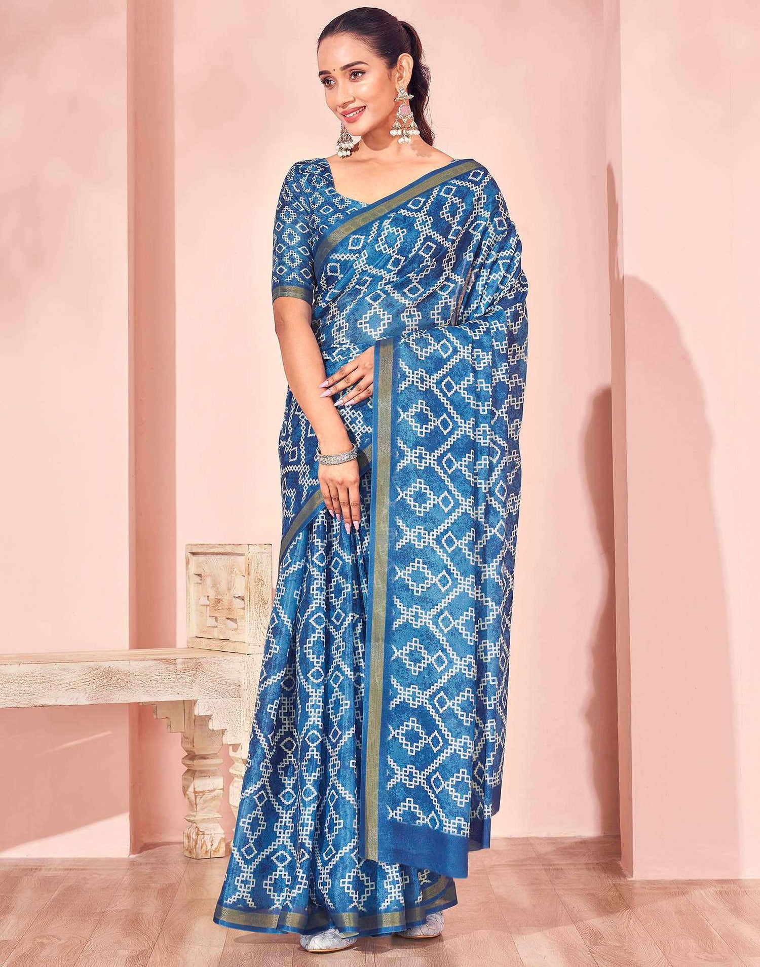 Peacock Blue Silk Printed Saree