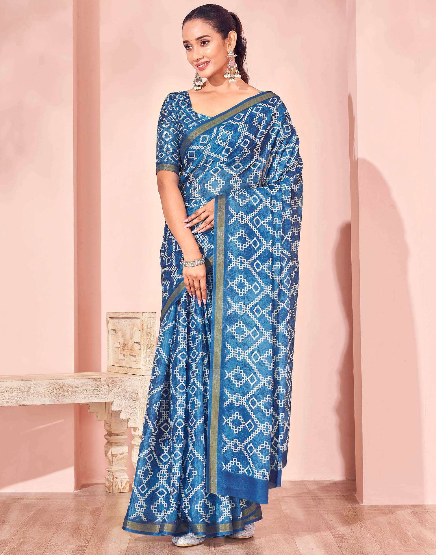 Peacock Blue Silk Printed Saree
