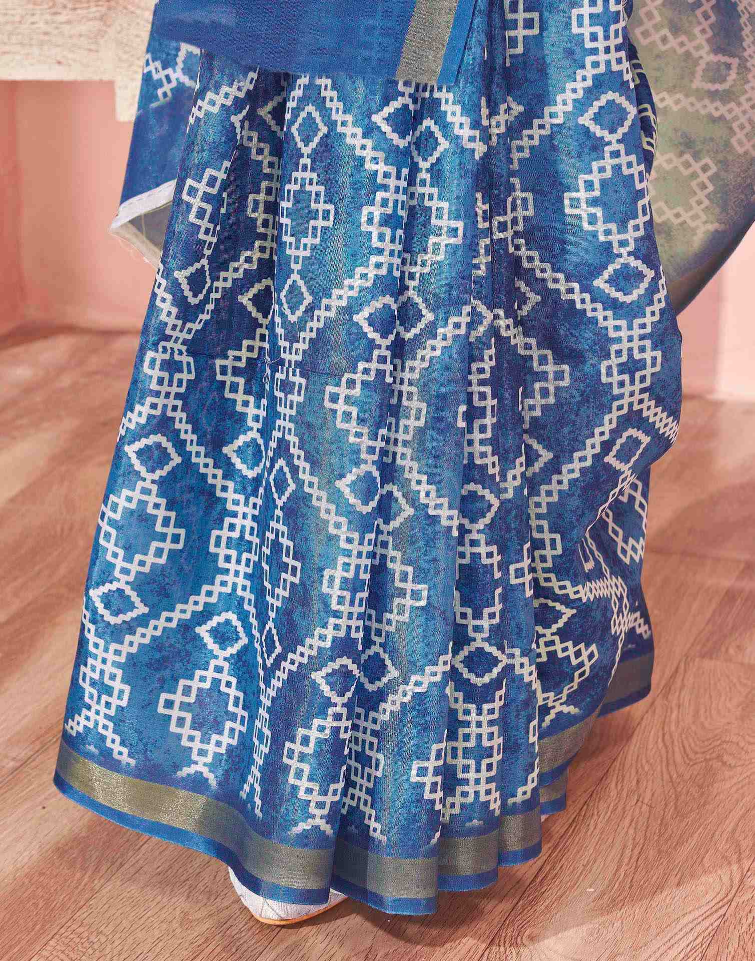 Peacock Blue Silk Printed Saree