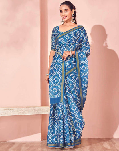 Peacock Blue Silk Printed Saree