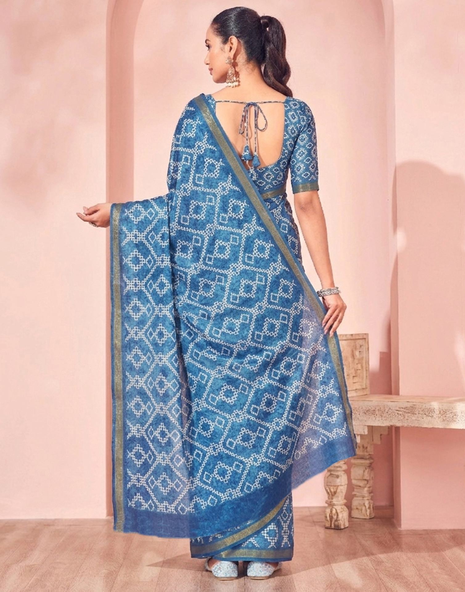 Peacock Blue Silk Printed Saree