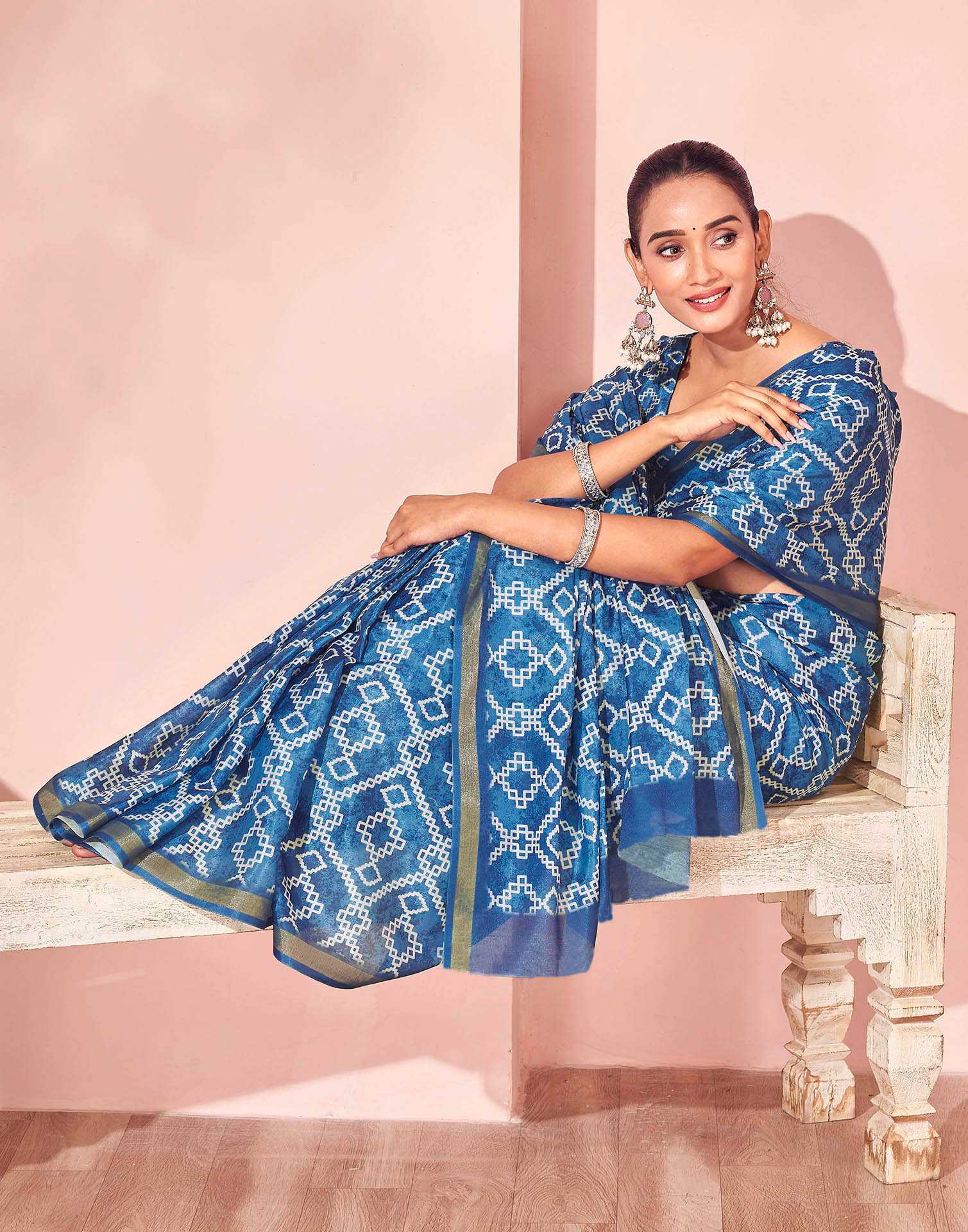 Peacock Blue Silk Printed Saree