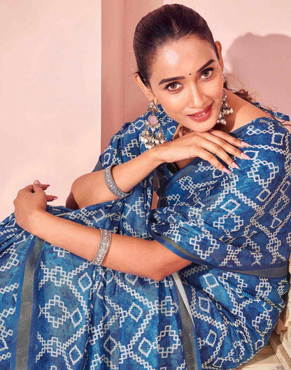 Peacock Blue Silk Printed Saree