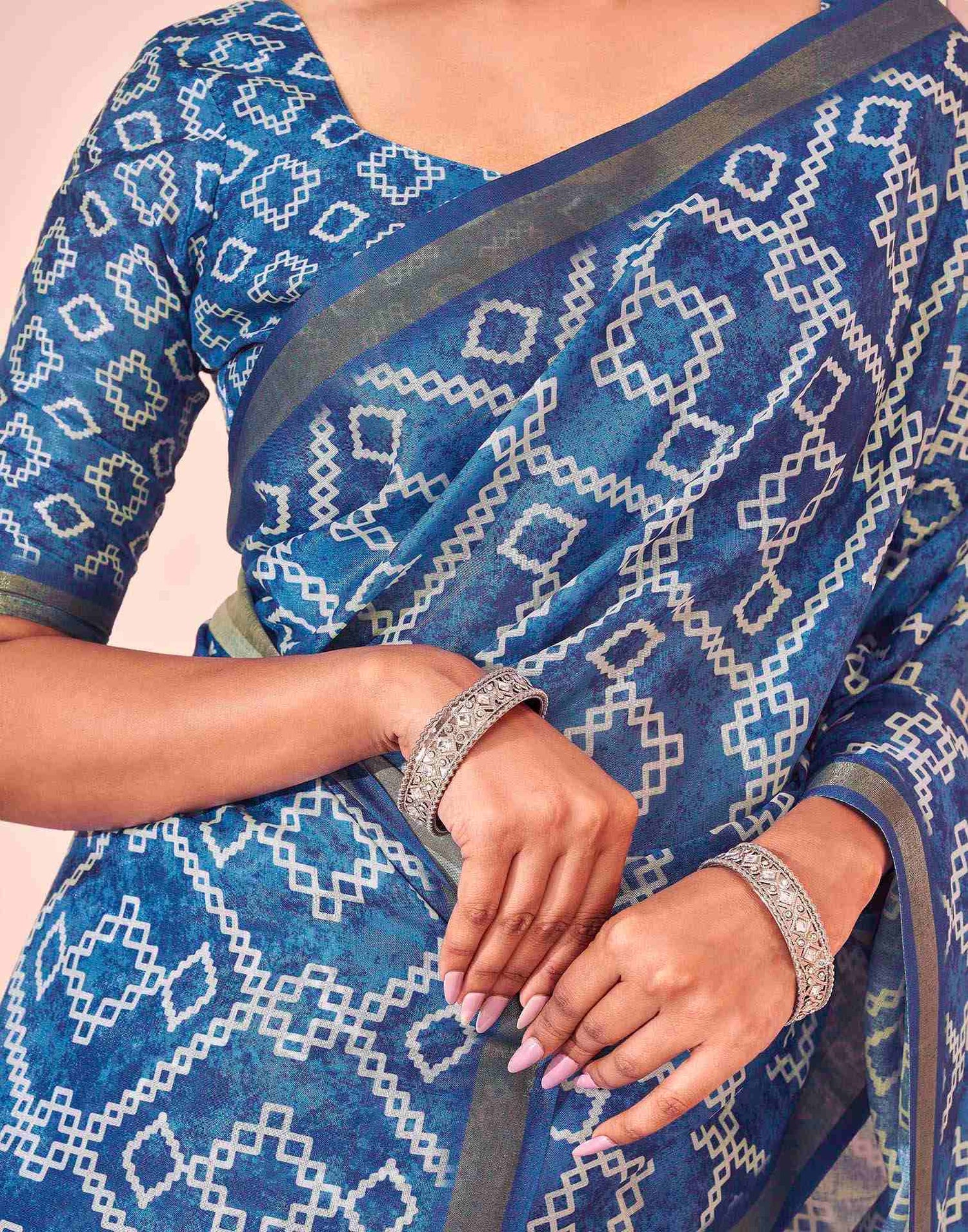 Peacock Blue Silk Printed Saree