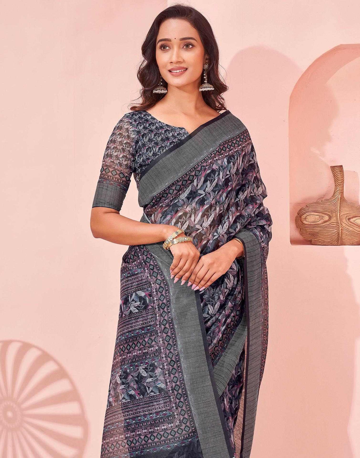 Black Linen Printed Saree