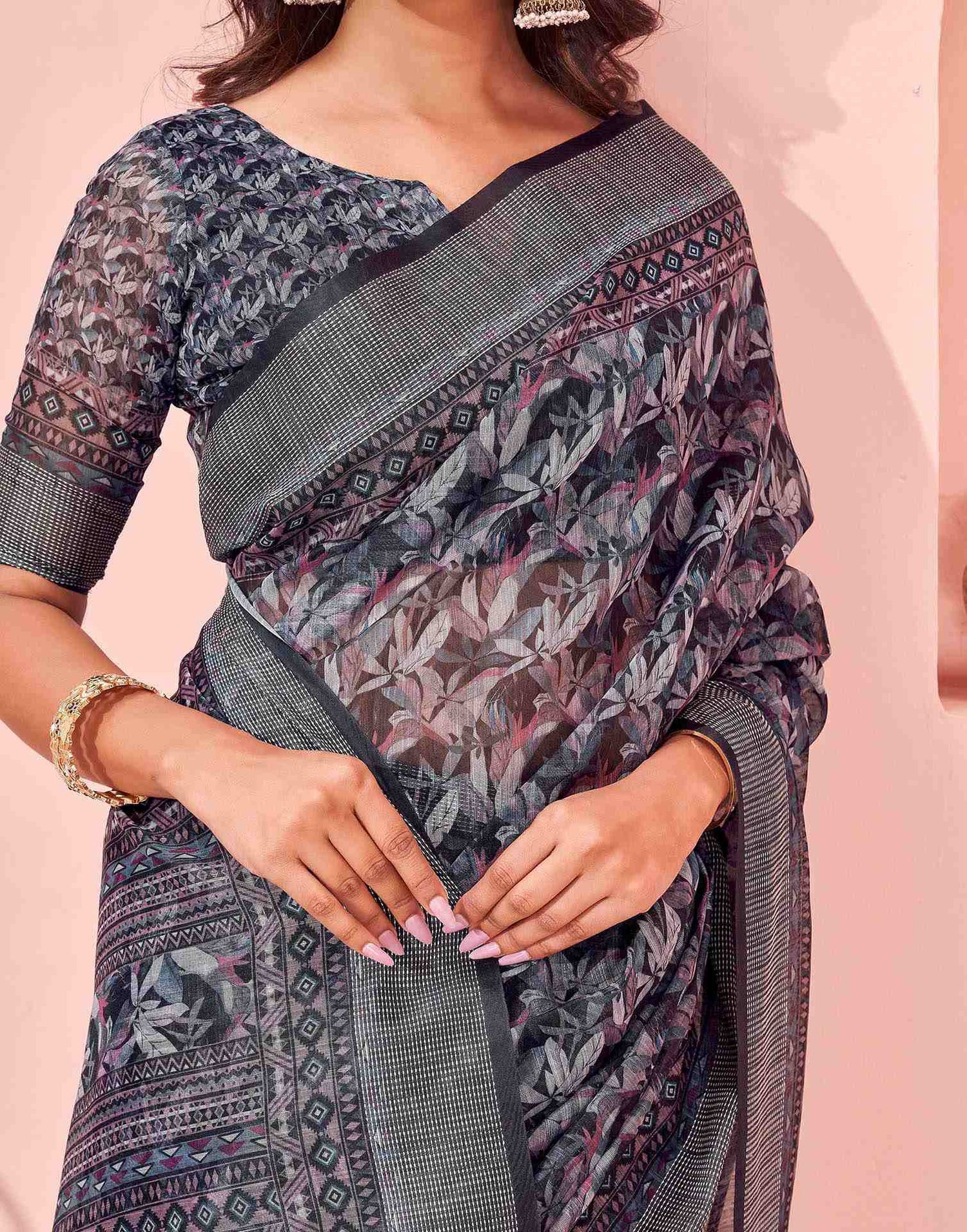 Black Linen Printed Saree