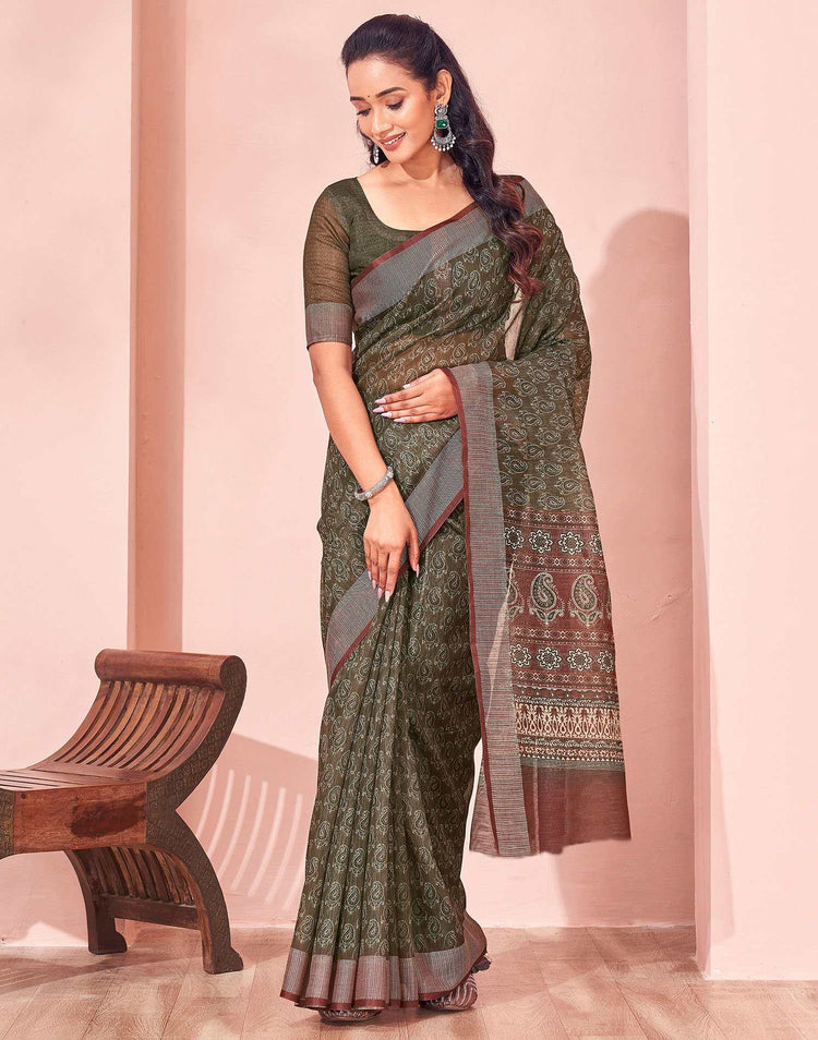 Olive Green Linen Printed Saree