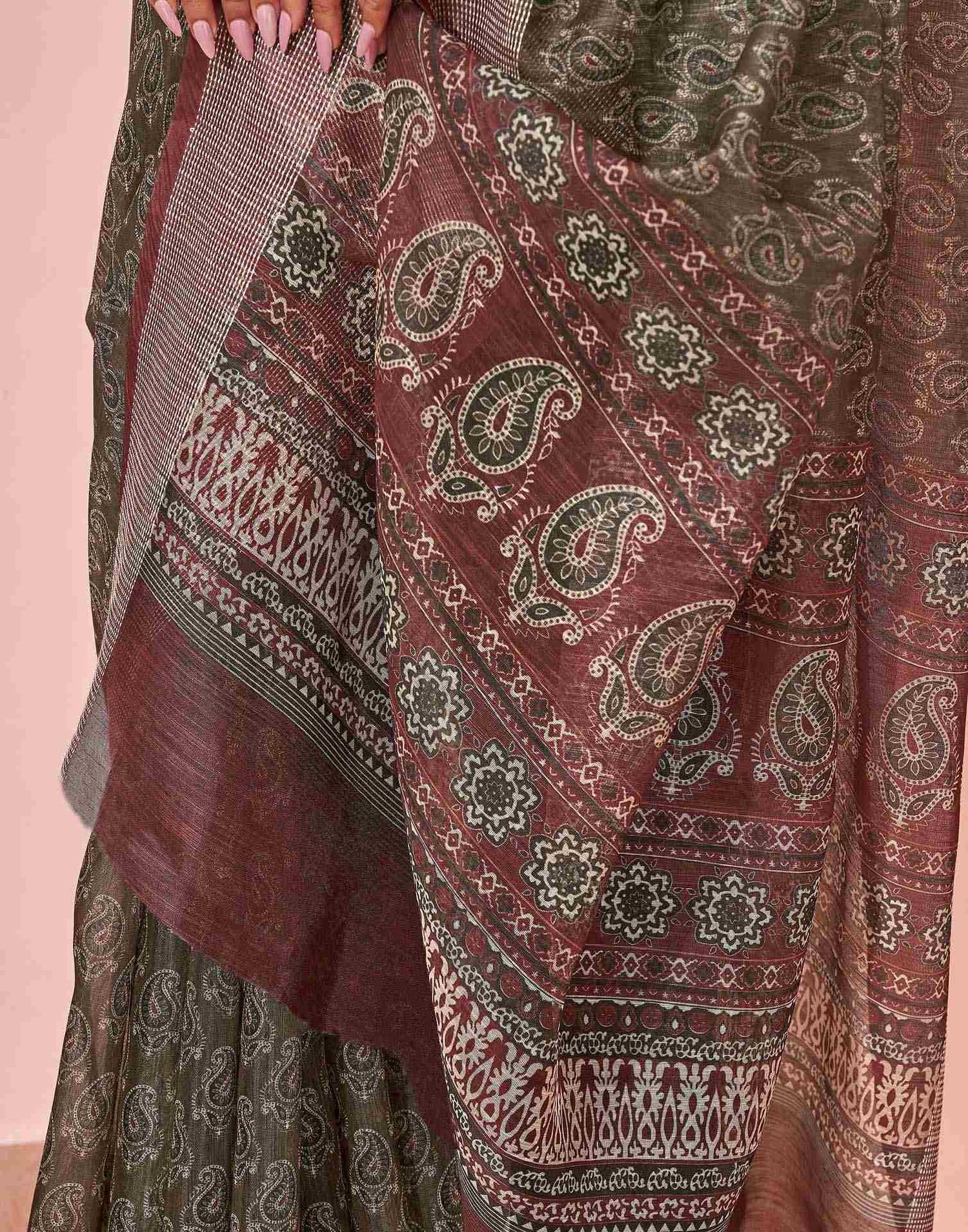 Olive Green Linen Printed Saree