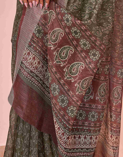 Olive Green Linen Printed Saree