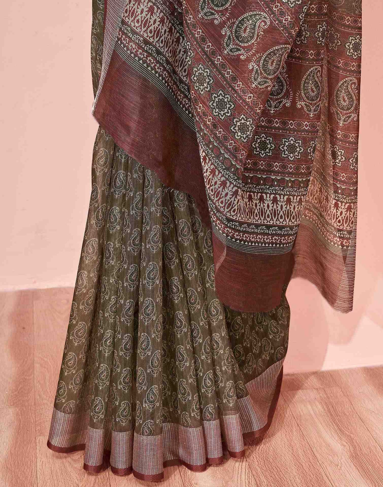 Olive Green Linen Printed Saree
