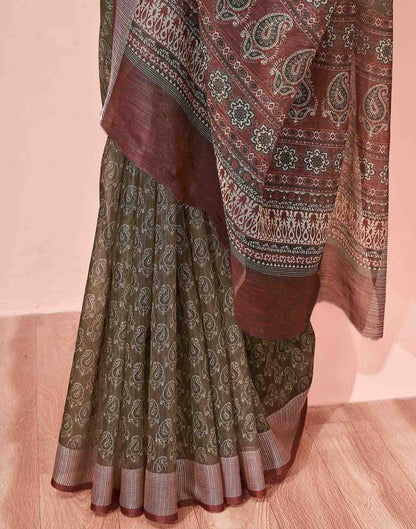 Olive Green Linen Printed Saree