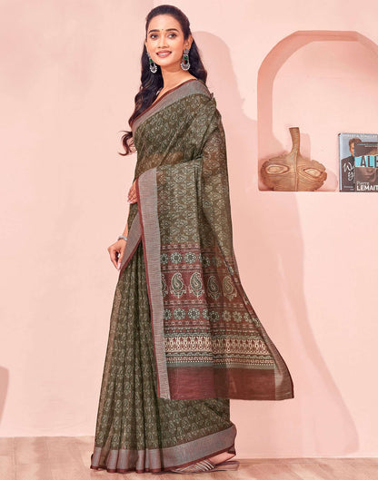 Olive Green Linen Printed Saree