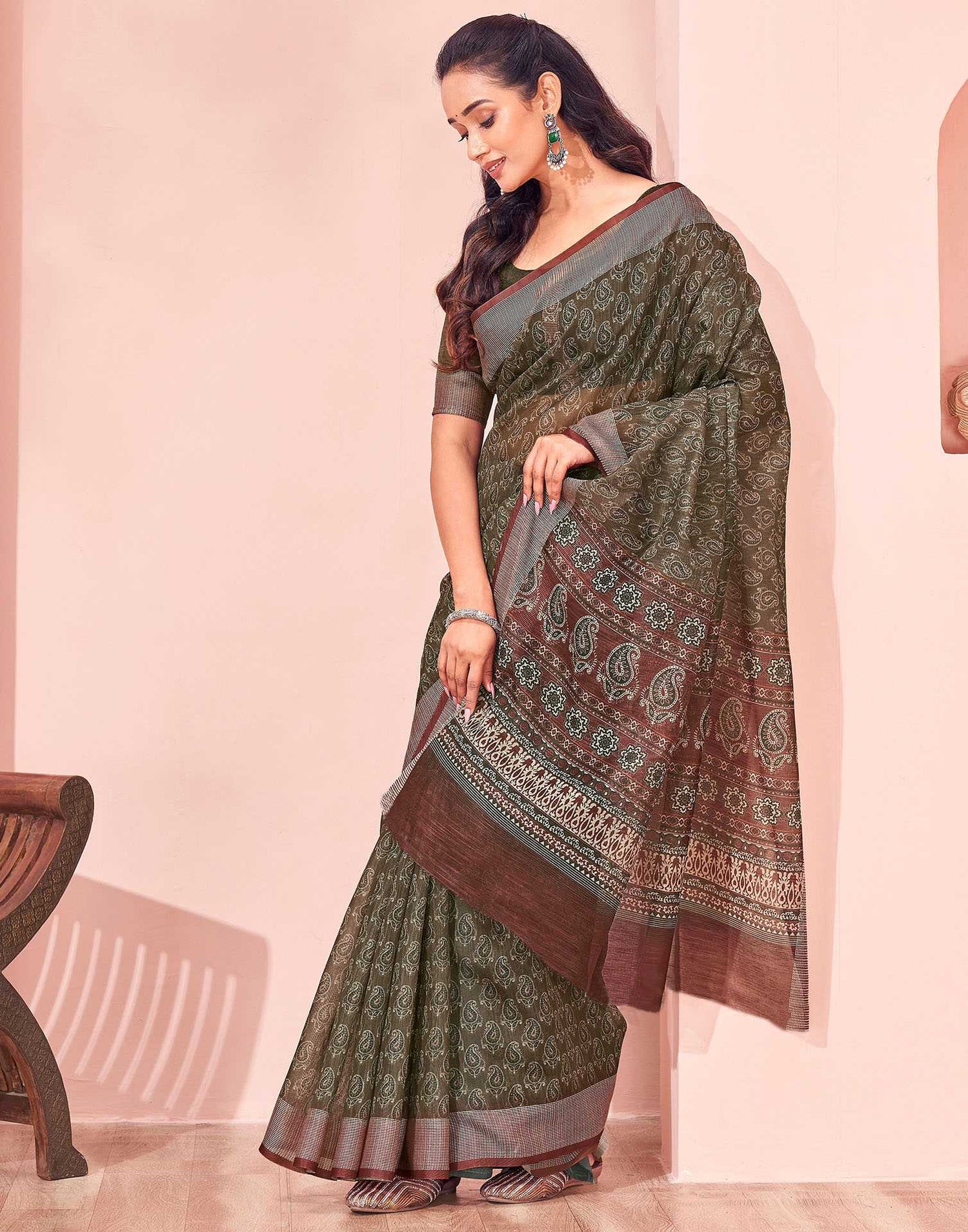 Olive Green Linen Printed Saree