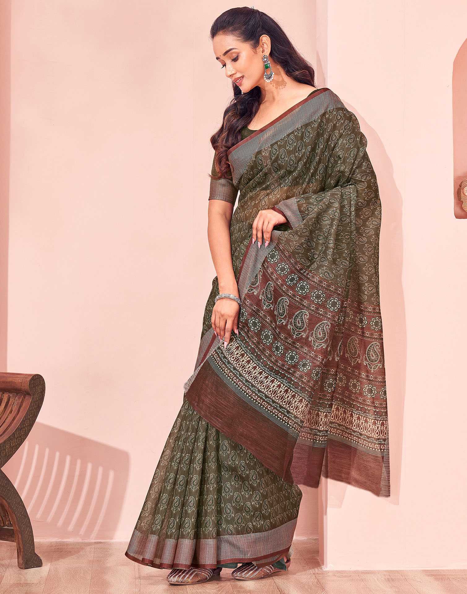Olive Green Linen Printed Saree