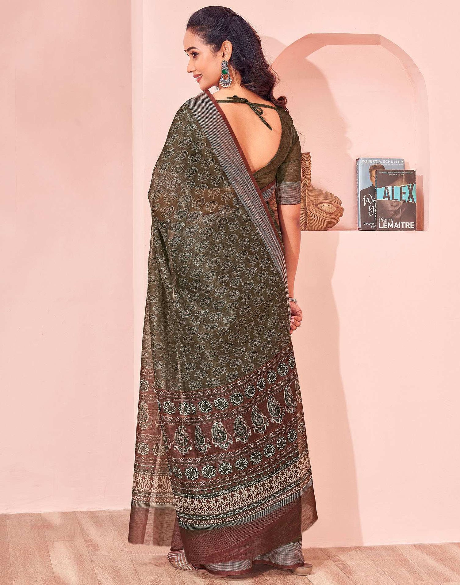 Olive Green Linen Printed Saree