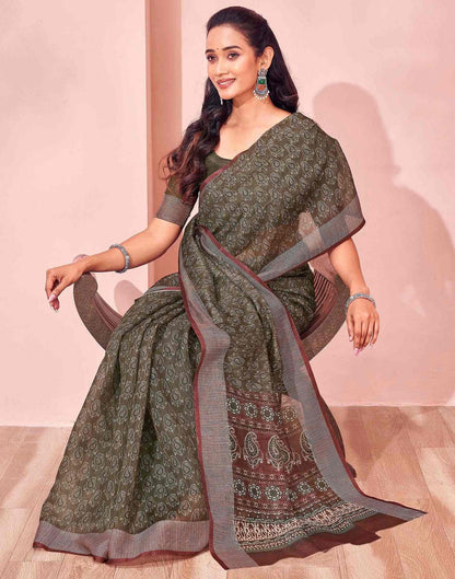 Olive Green Linen Printed Saree