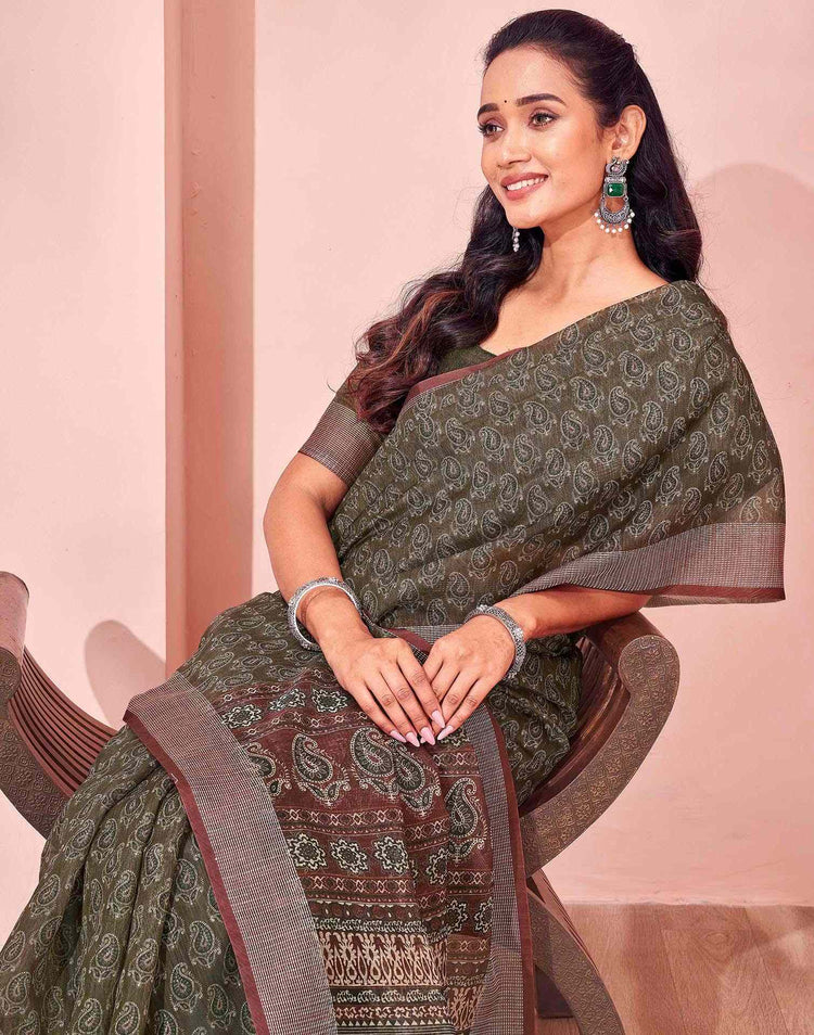 Olive Green Linen Printed Saree