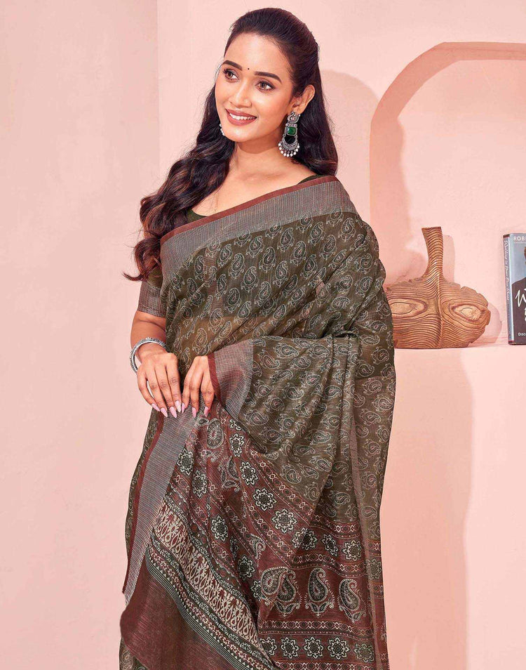 Olive Green Linen Printed Saree