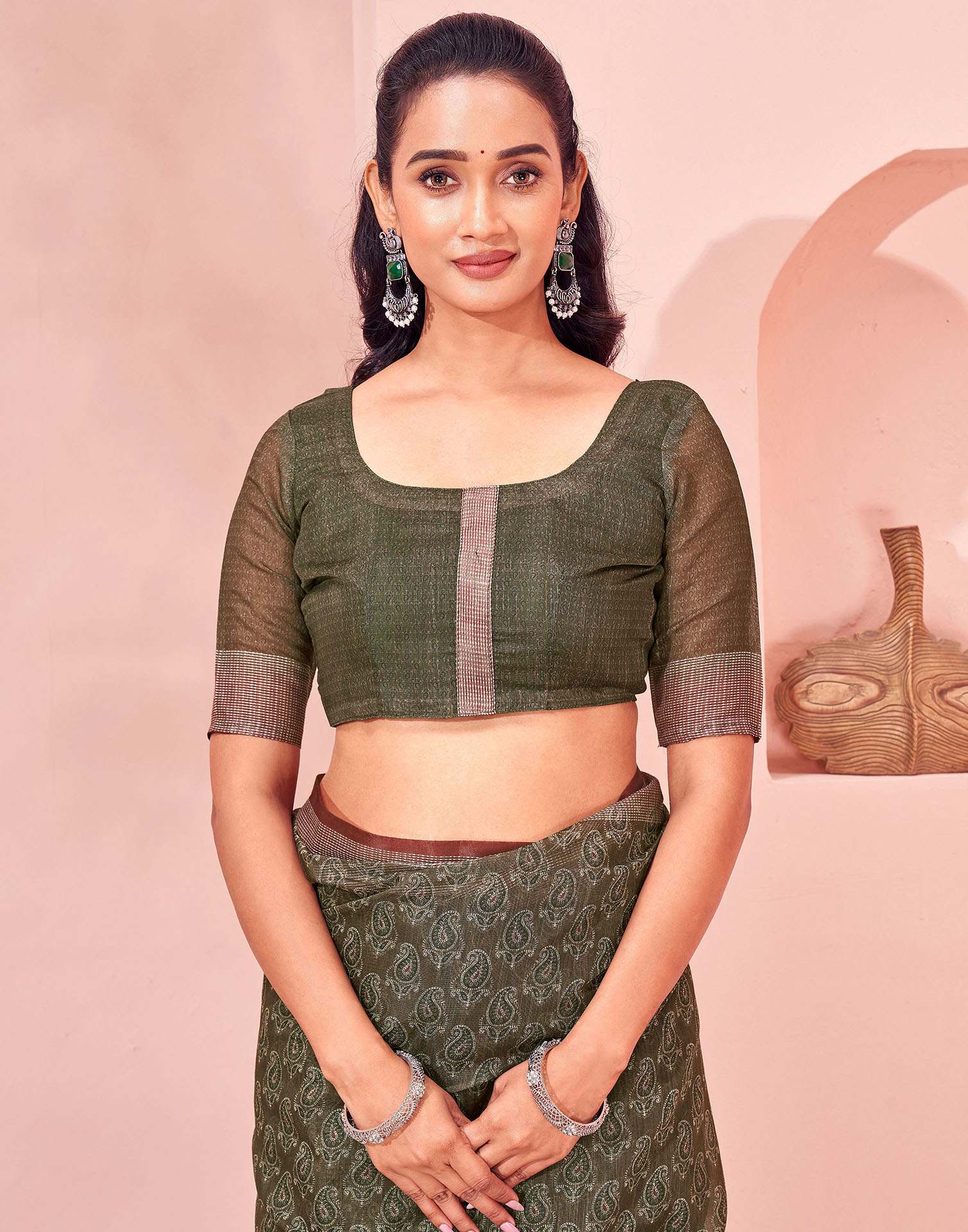 Olive Green Linen Printed Saree