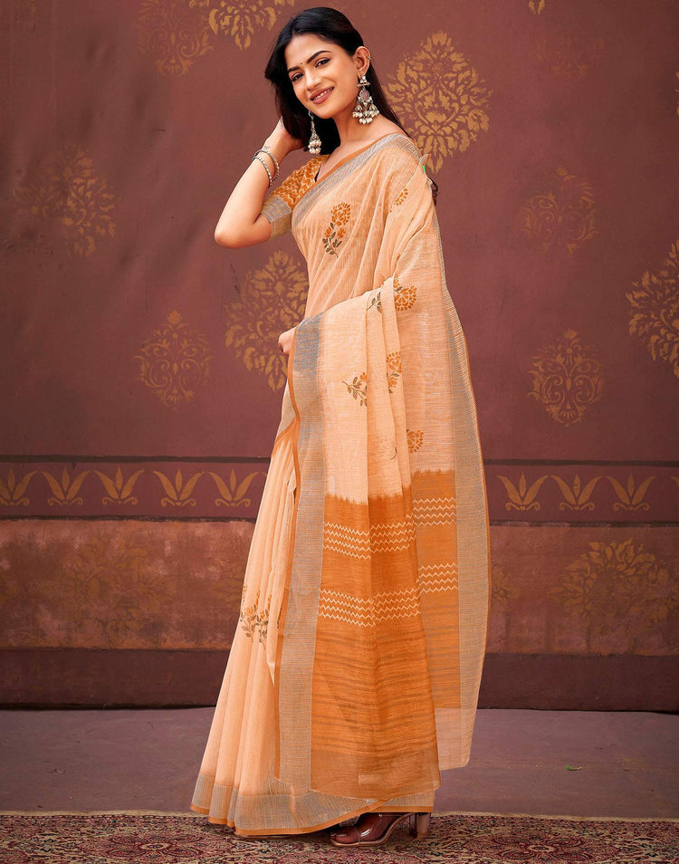 Peach Linen Printed Saree