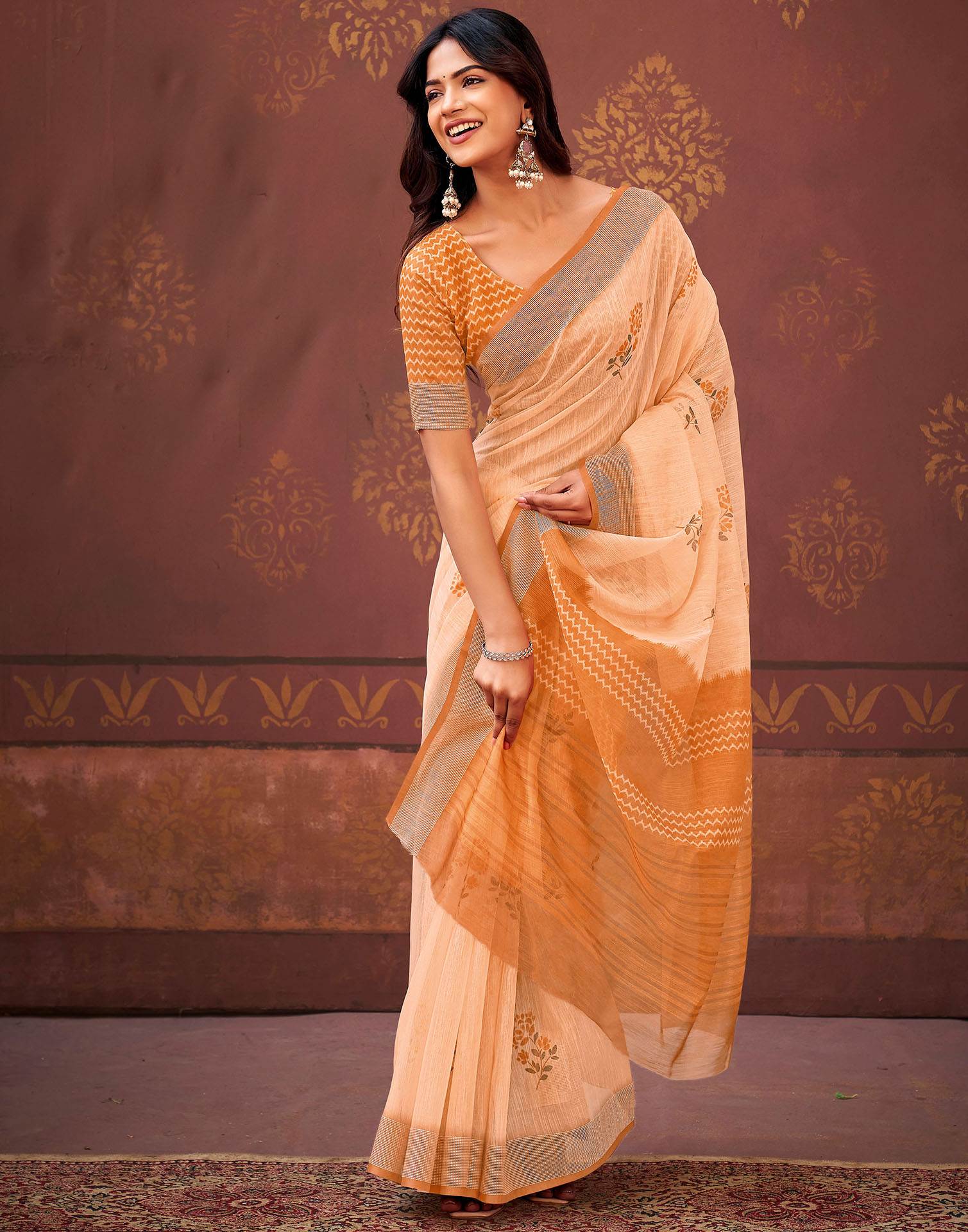 Peach Linen Printed Saree
