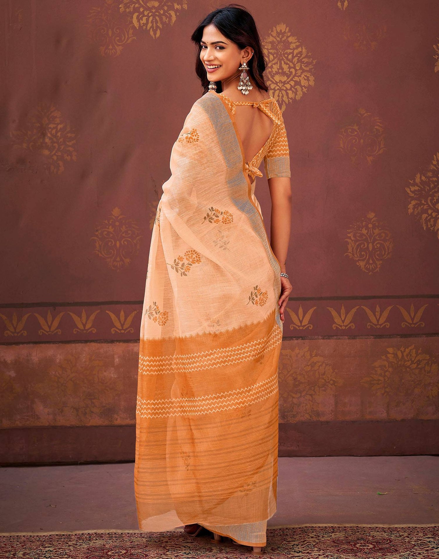 Peach Linen Printed Saree