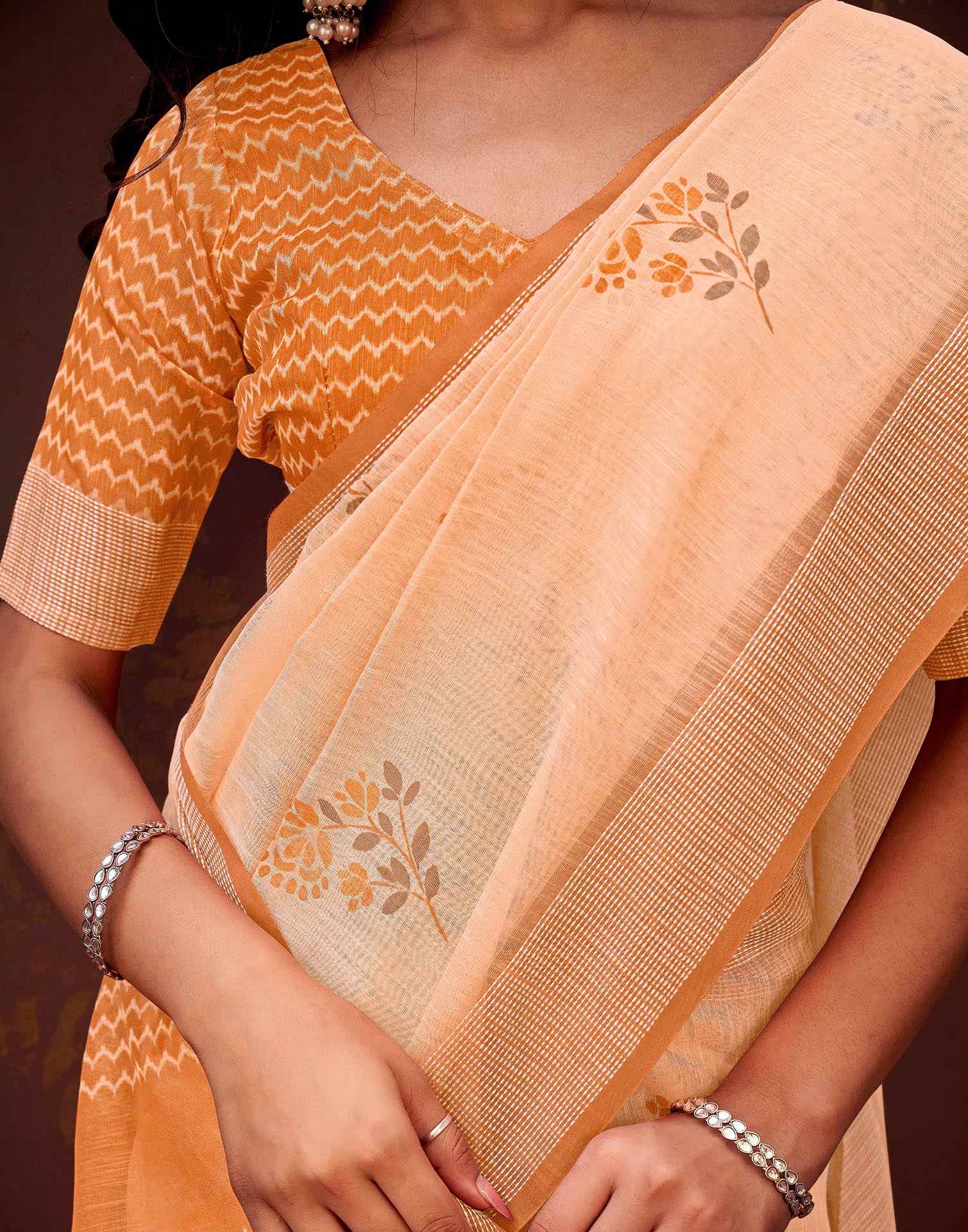 Peach Linen Printed Saree