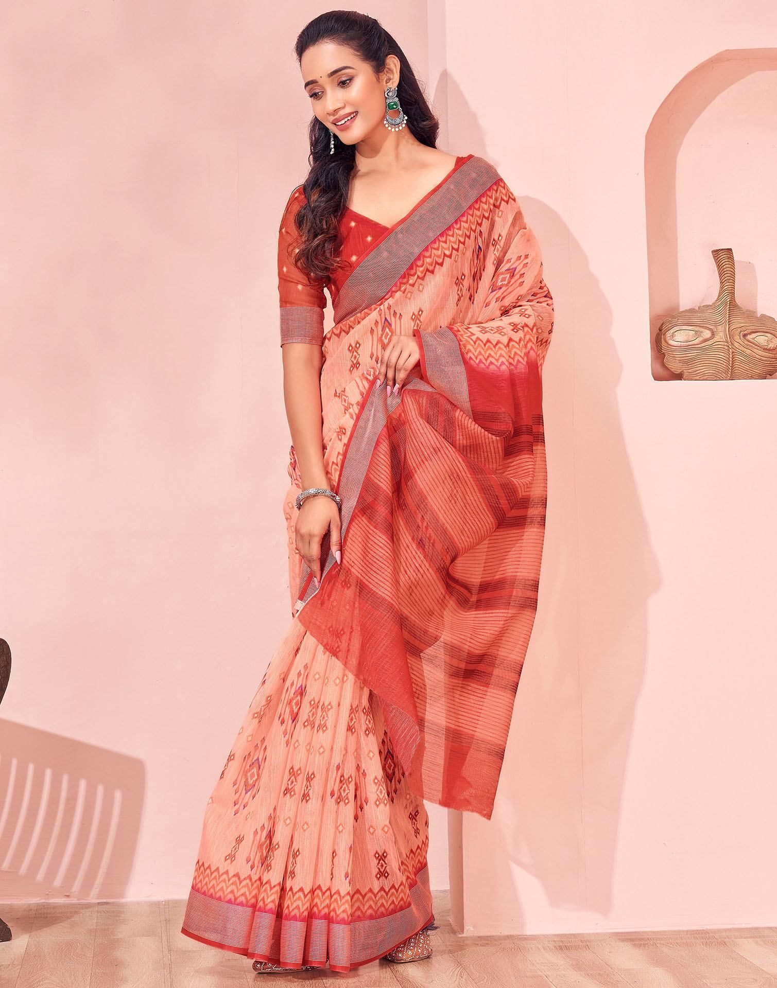 Dusty Peach Linen Printed Saree
