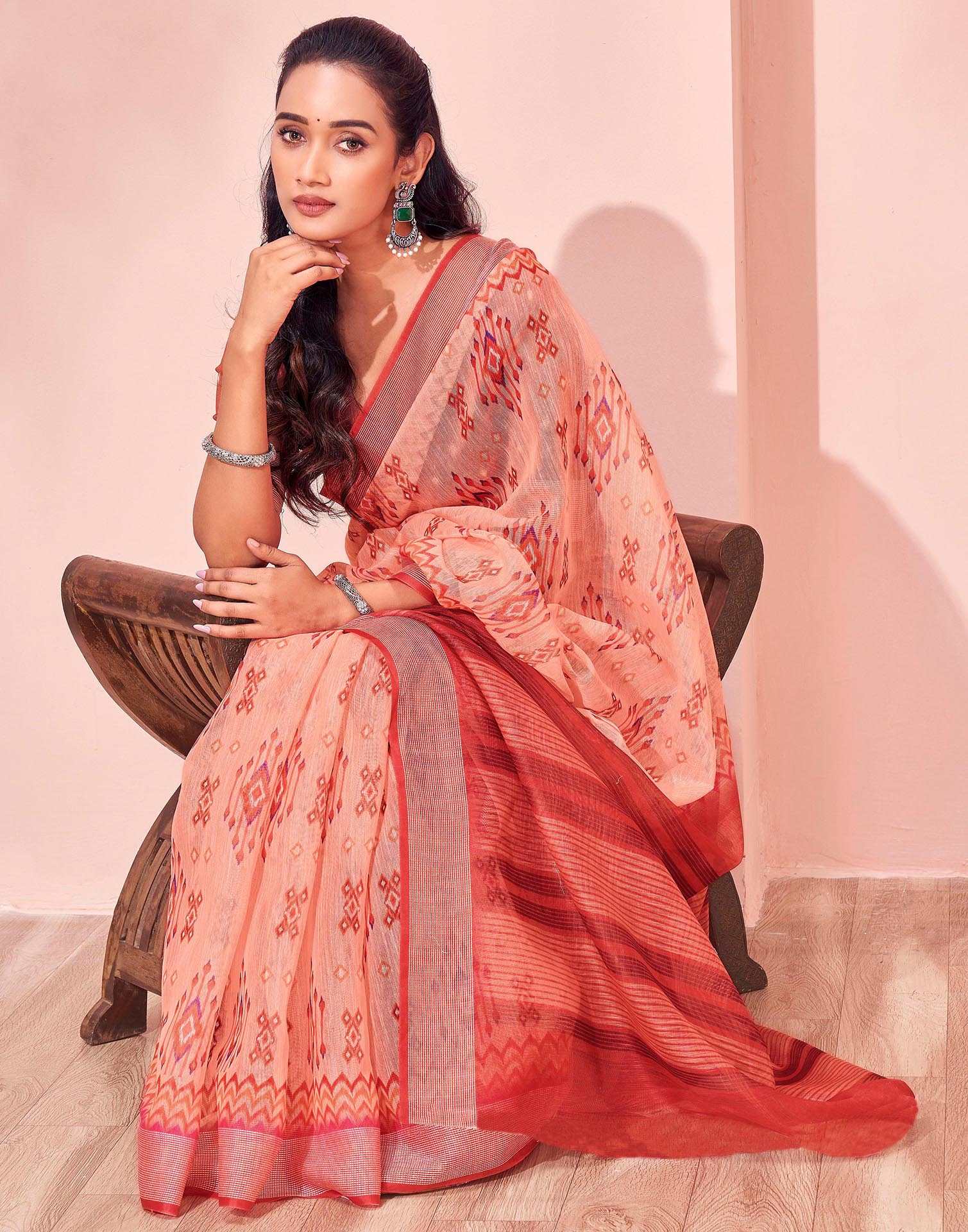 Dusty Peach Linen Printed Saree