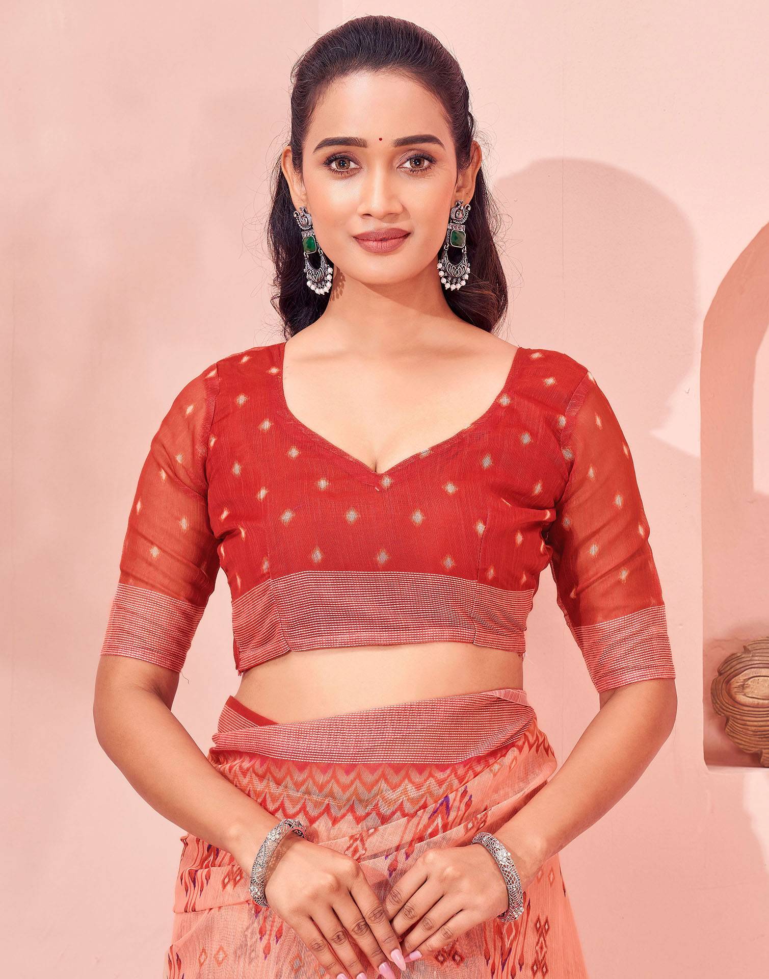 Dusty Peach Linen Printed Saree