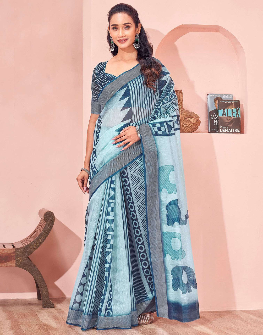 Light Blue Linen Printed Saree