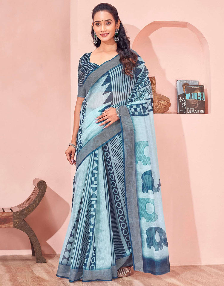 Light Blue Linen Printed Saree