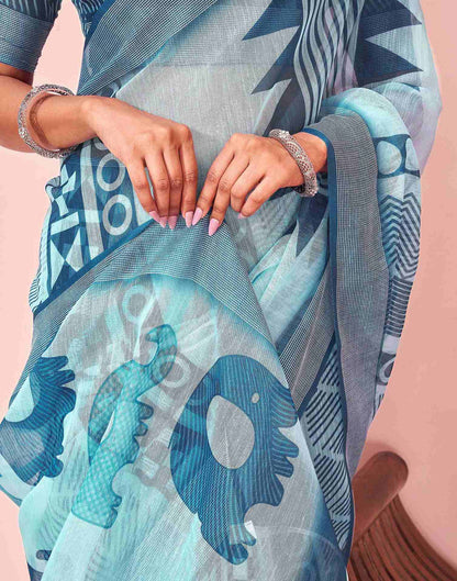 Light Blue Linen Printed Saree