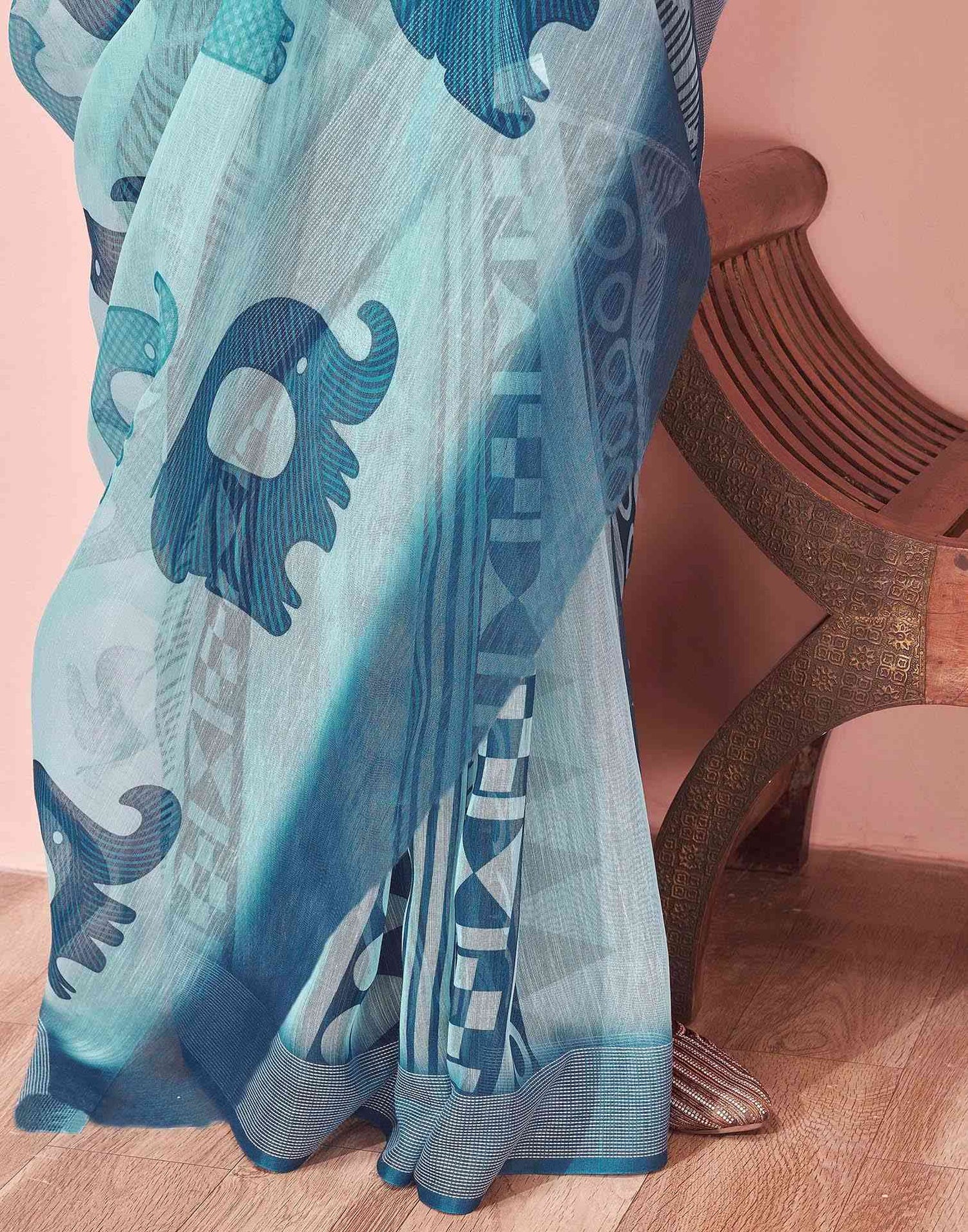 Light Blue Linen Printed Saree