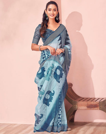 Light Blue Linen Printed Saree