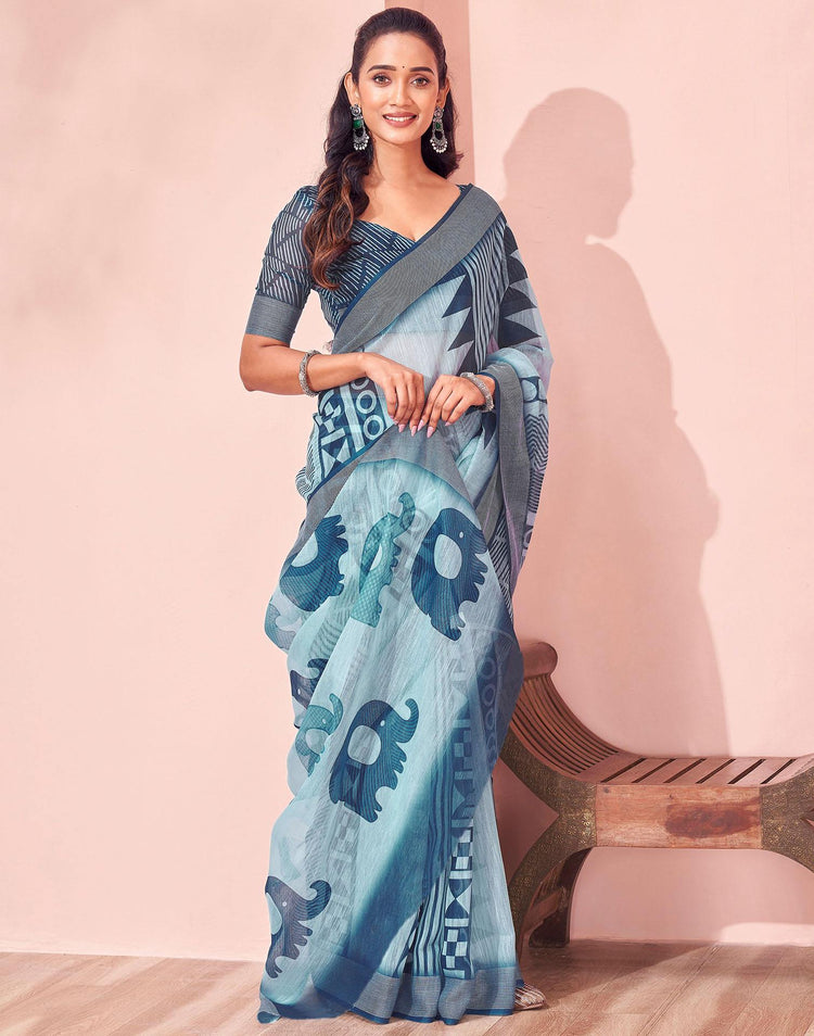 Light Blue Linen Printed Saree