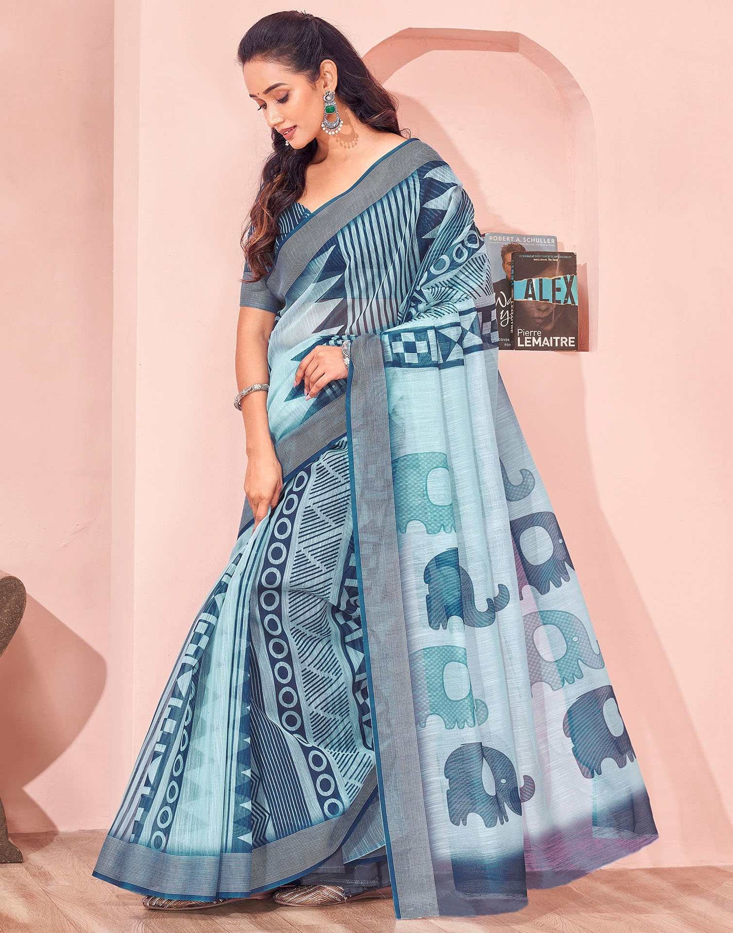 Light Blue Linen Printed Saree