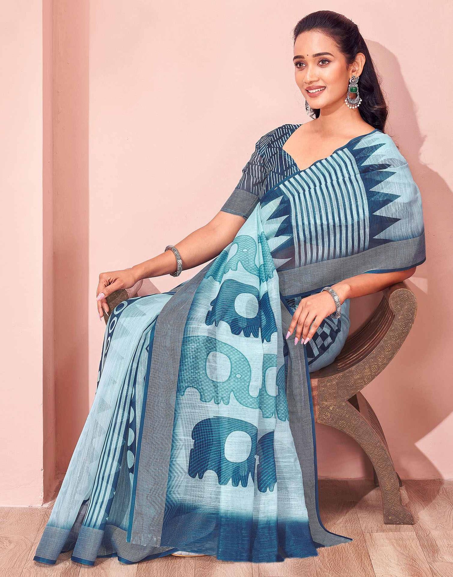 Light Blue Linen Printed Saree