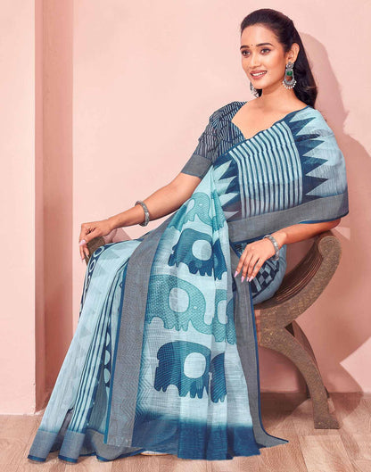 Light Blue Linen Printed Saree