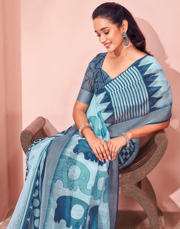 Light Blue Linen Printed Saree