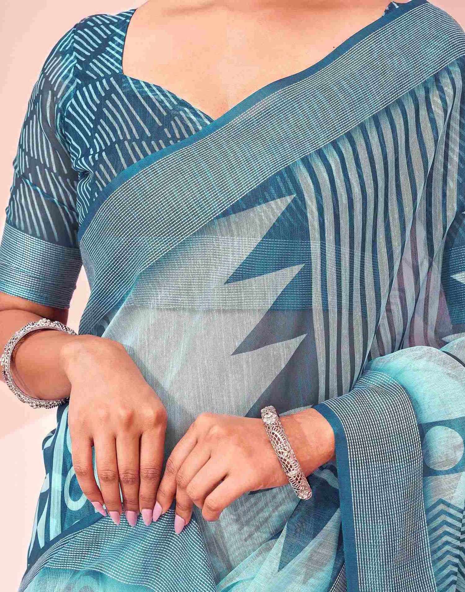 Light Blue Linen Printed Saree