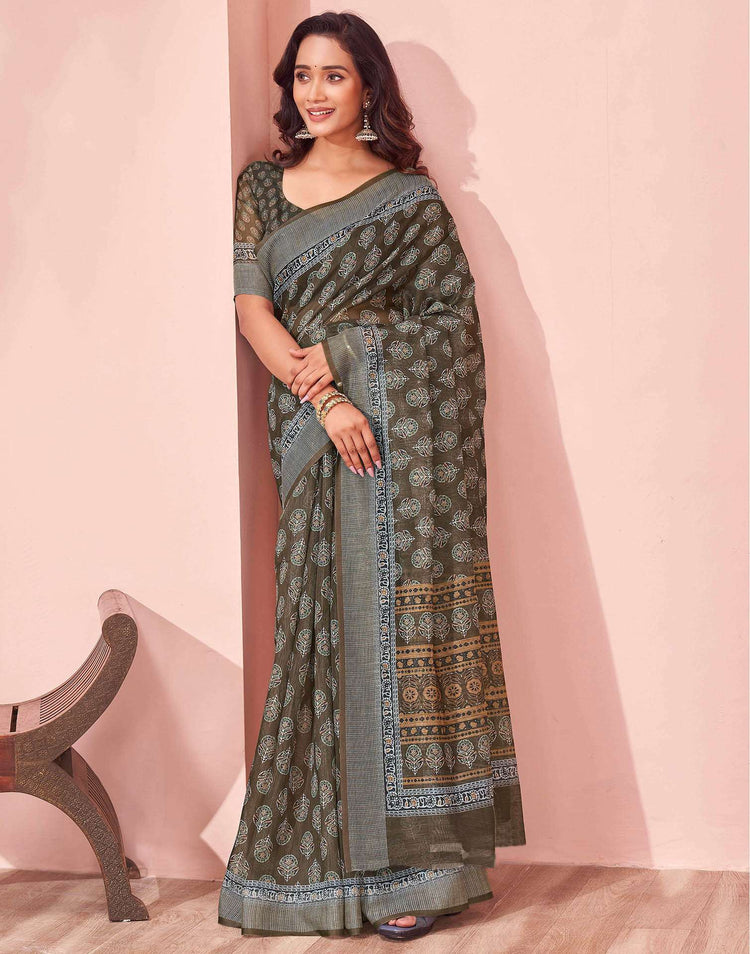 Dusty Olive Green Linen Printed Saree