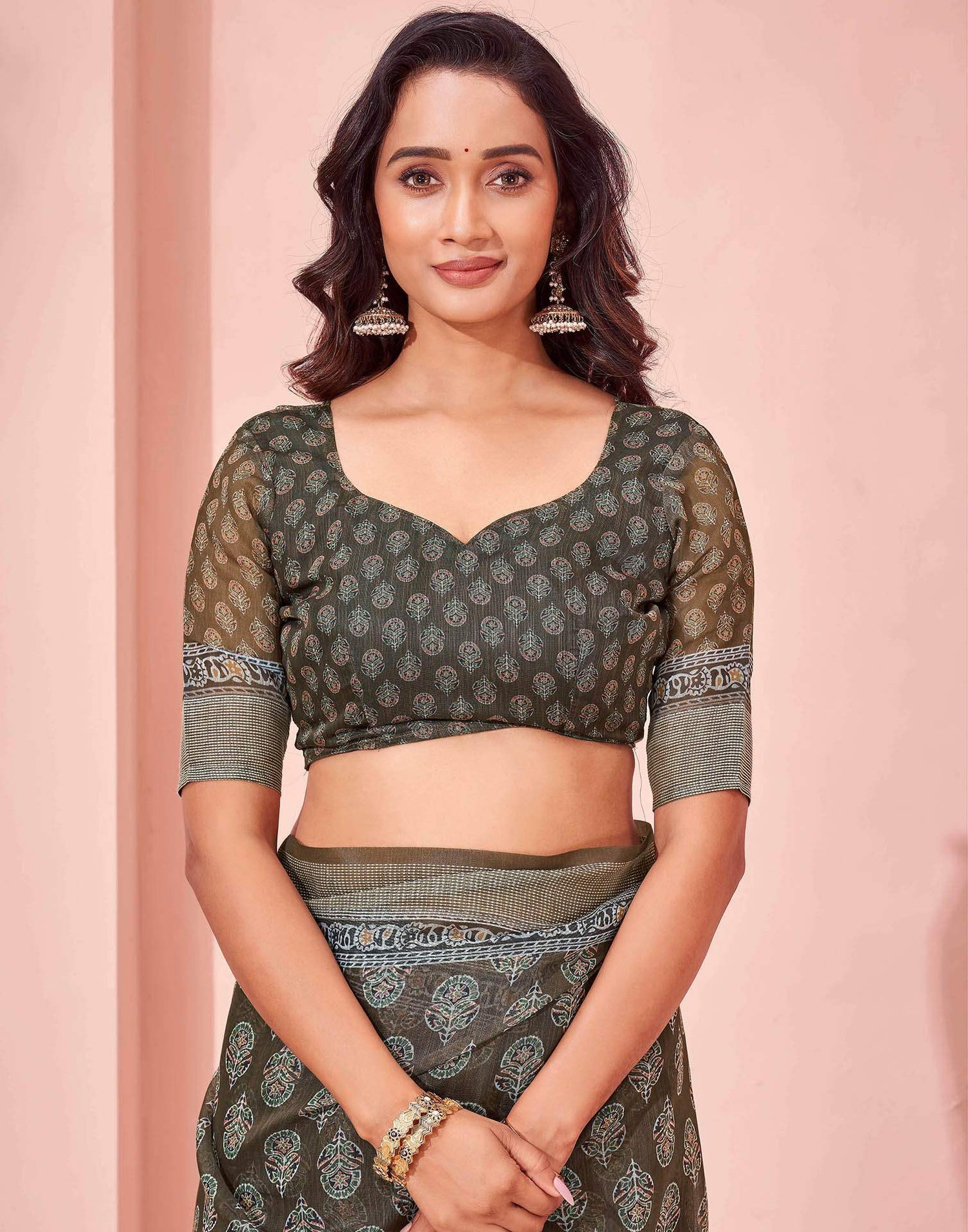 Dusty Olive Green Linen Printed Saree