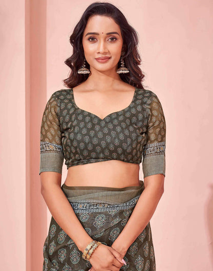 Dusty Olive Green Linen Printed Saree