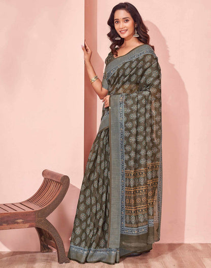 Dusty Olive Green Linen Printed Saree