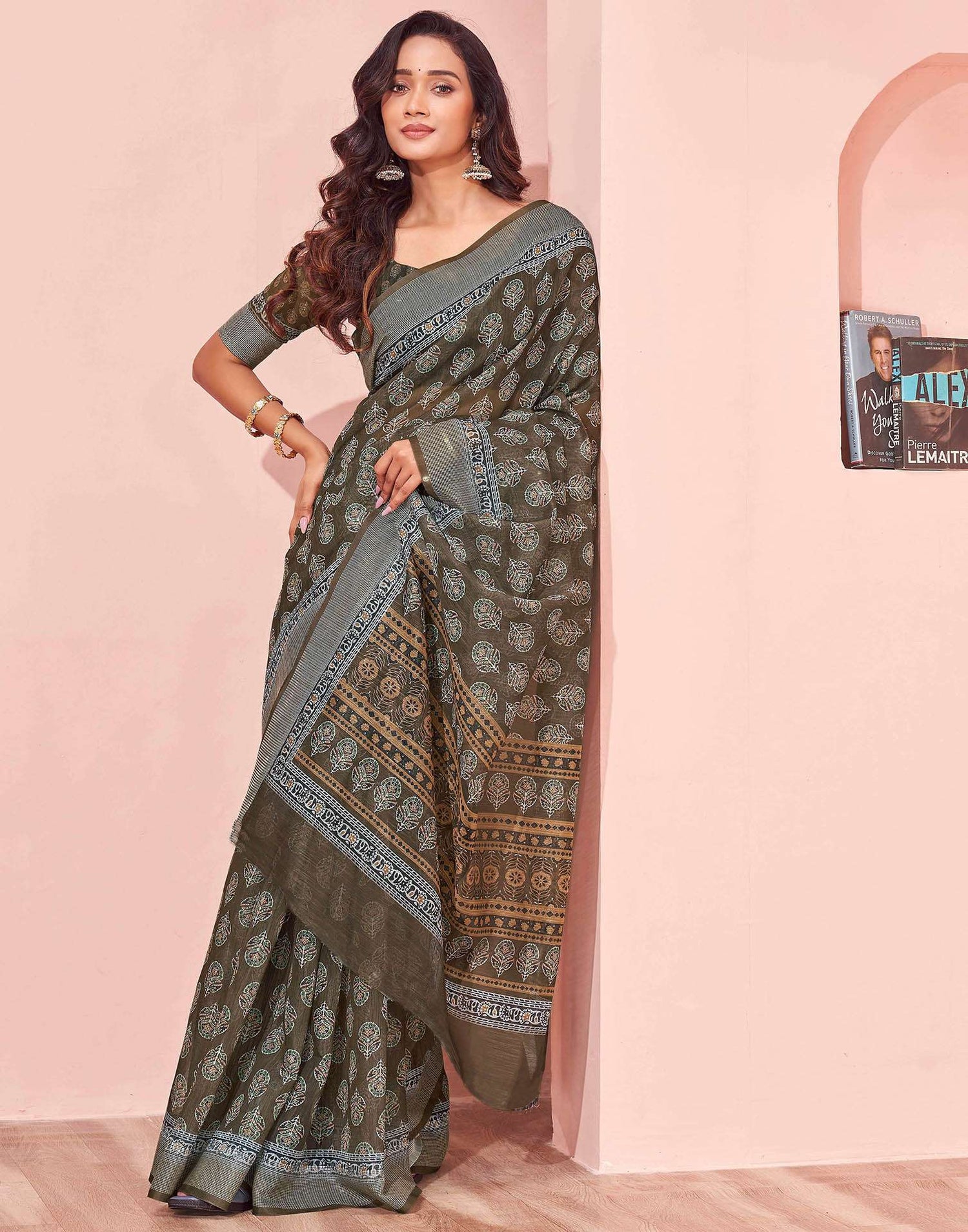 Dusty Olive Green Linen Printed Saree