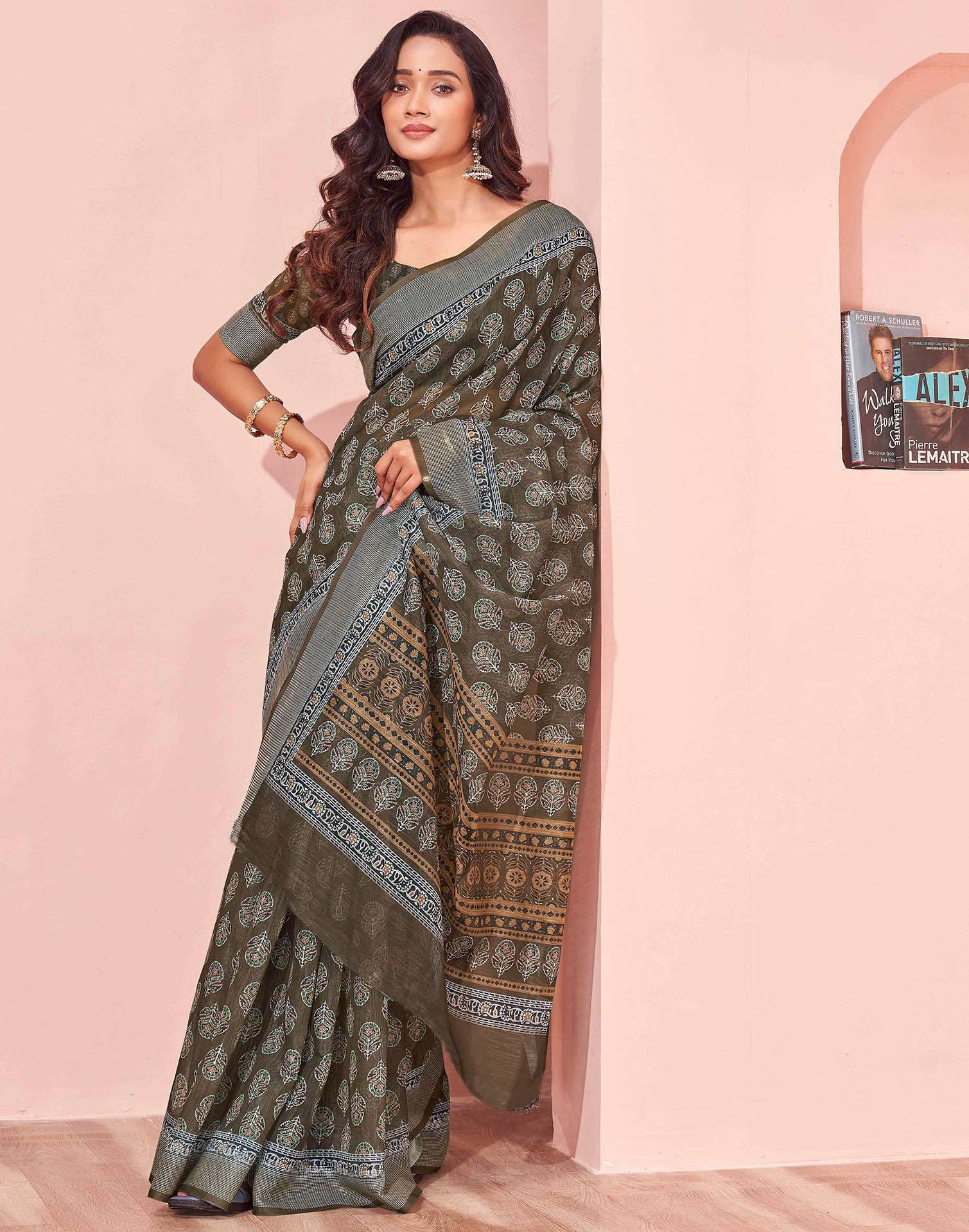 Dusty Olive Green Linen Printed Saree